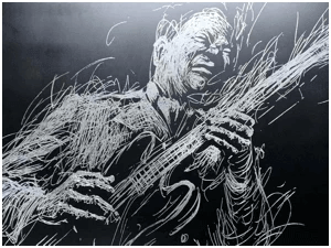 Portrait of BB King scribed on large piece of metal